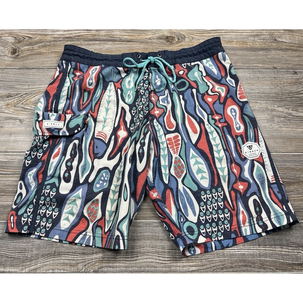 Vissla Abstract Fish Beach‎ Swim Trunks Men's 32 Boardshorts Recycled Coconut